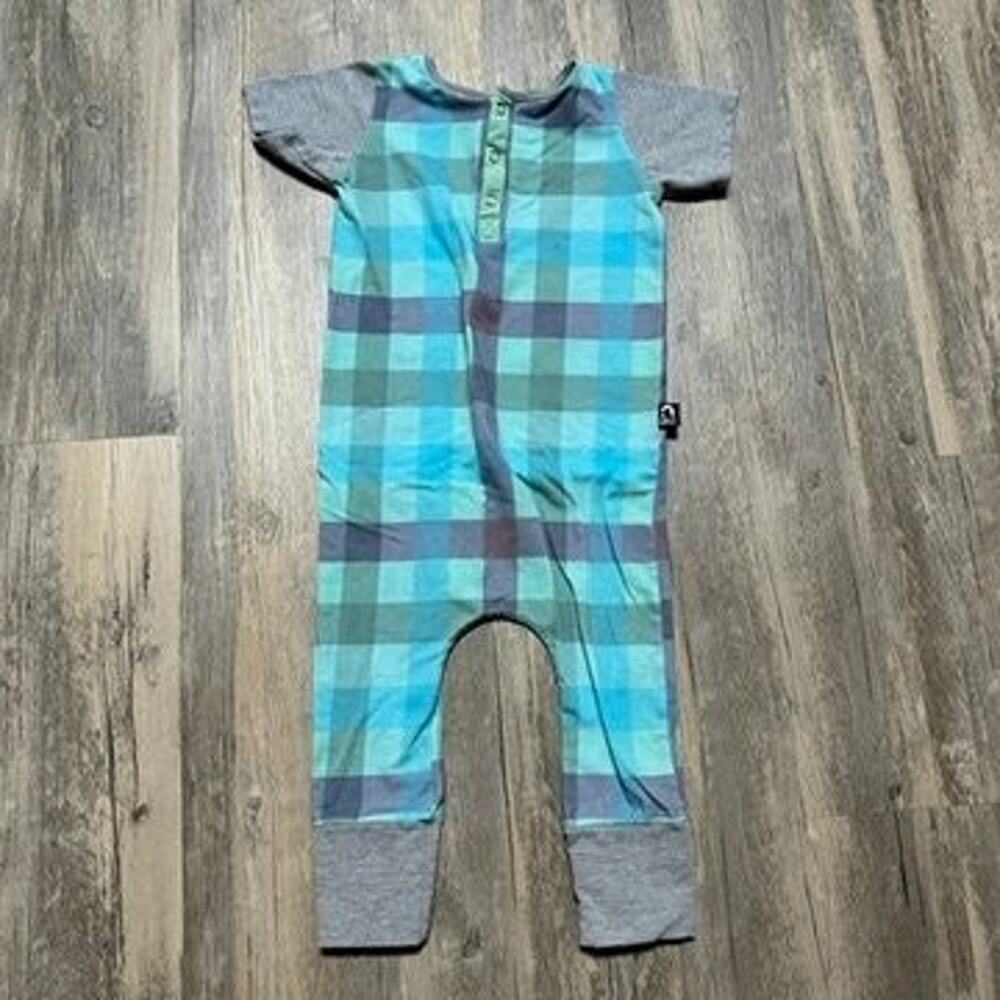 RAGS One-Piece Romper Blue Green Gray Checked Plaid 3/4T Cotton Stretch